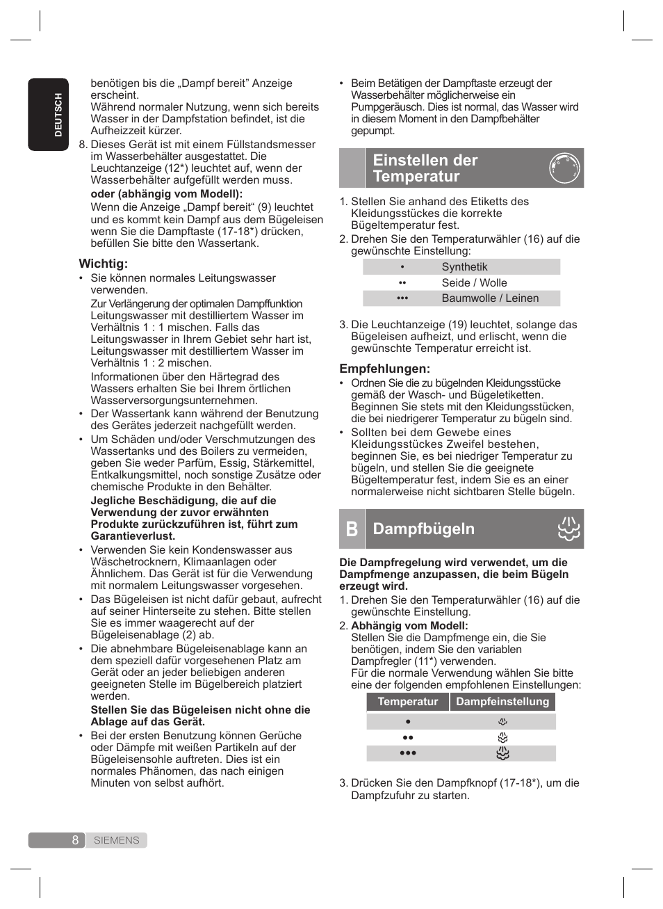 Einstellen der temperatur, Dampfbügeln | Siemens TS22XTRM User Manual | Page 8 / 160