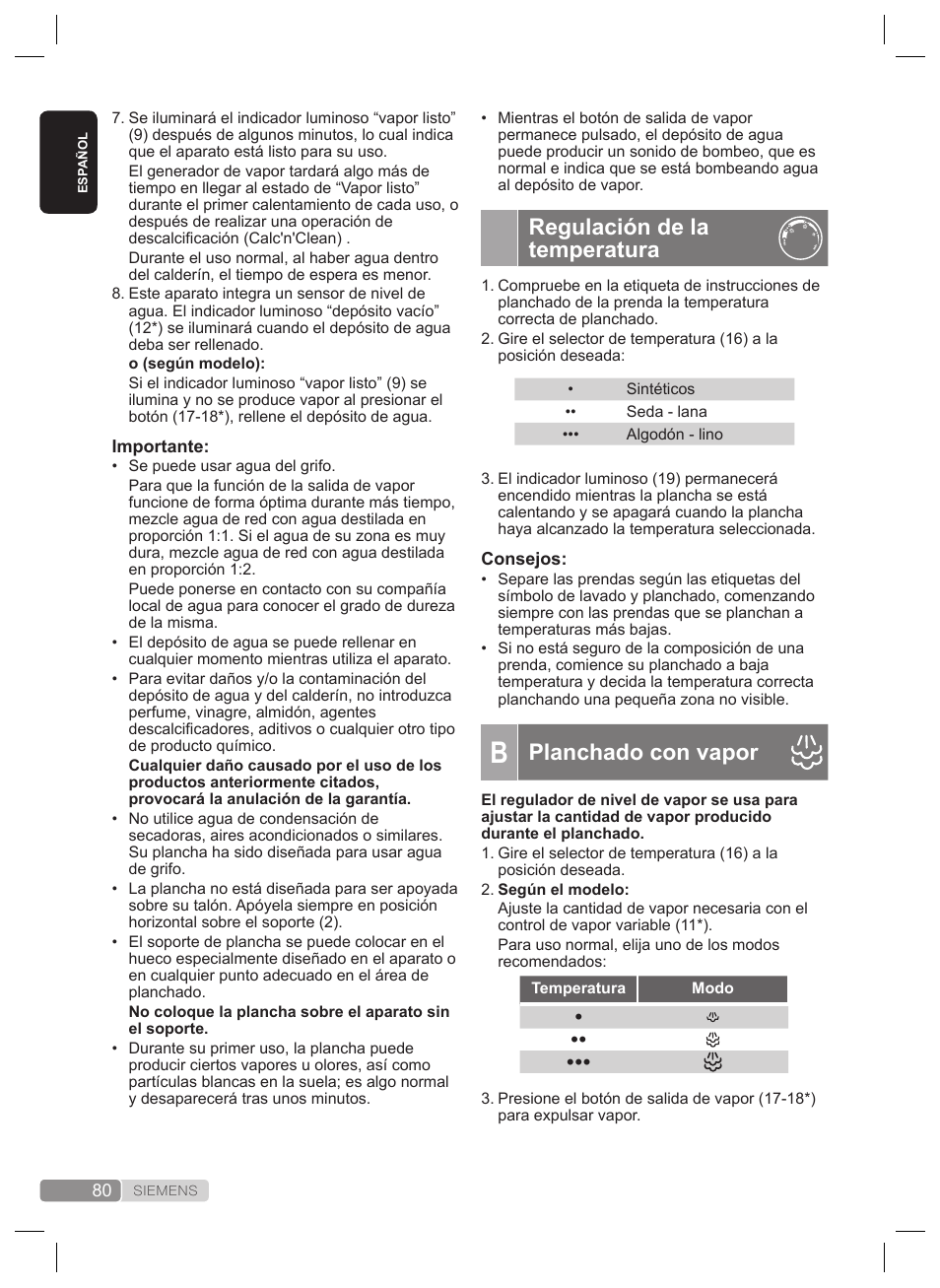 Regulación de la temperatura, Planchado con vapor | Siemens TS22XTRM User Manual | Page 80 / 160