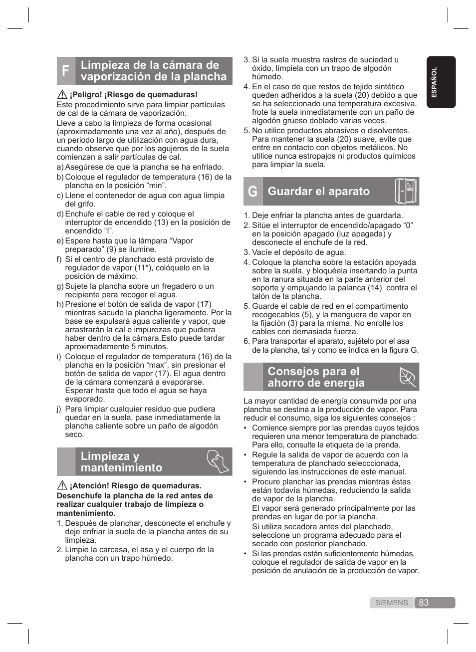 Guardar el aparato, Consejos para el ahorro de energía, Limpieza y mantenimiento | Siemens TS22XTRM User Manual | Page 83 / 160