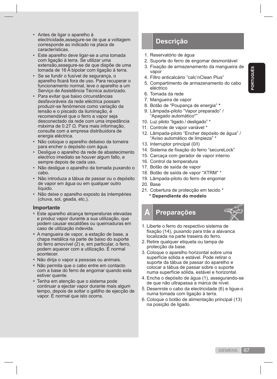 Descrição, Preparações | Siemens TS22XTRM User Manual | Page 87 / 160
