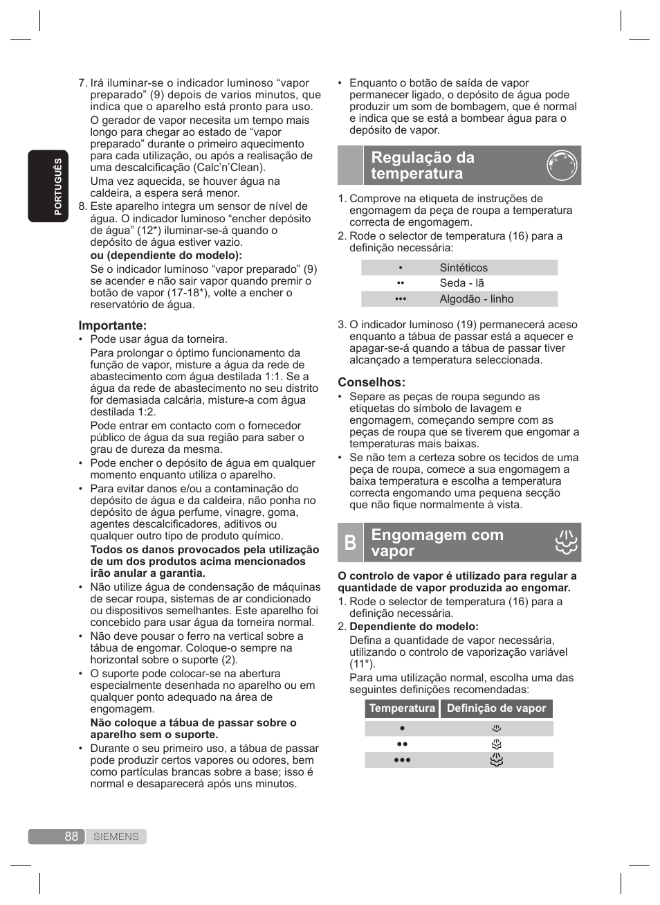 Regulação da temperatura, Engomagem com vapor | Siemens TS22XTRM User Manual | Page 88 / 160
