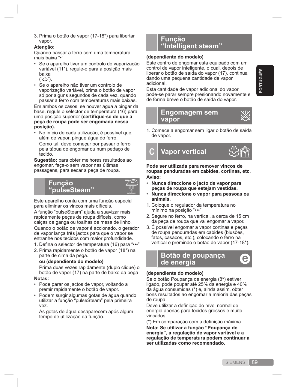 Função “intelligent steam, Engomagem sem vapor, Vapor vertical | Botão de poupança de energia, Função “pulsesteam | Siemens TS22XTRM User Manual | Page 89 / 160