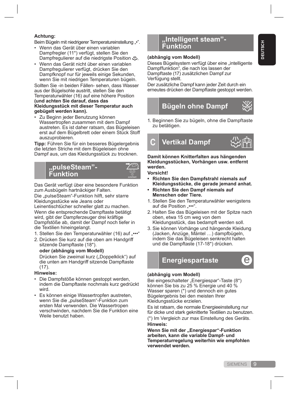 Intelligent steam”- funktion, Bügeln ohne dampf, Vertikal dampf | Energiespartaste, Pulsesteam”- funktion | Siemens TS22XTRM User Manual | Page 9 / 160