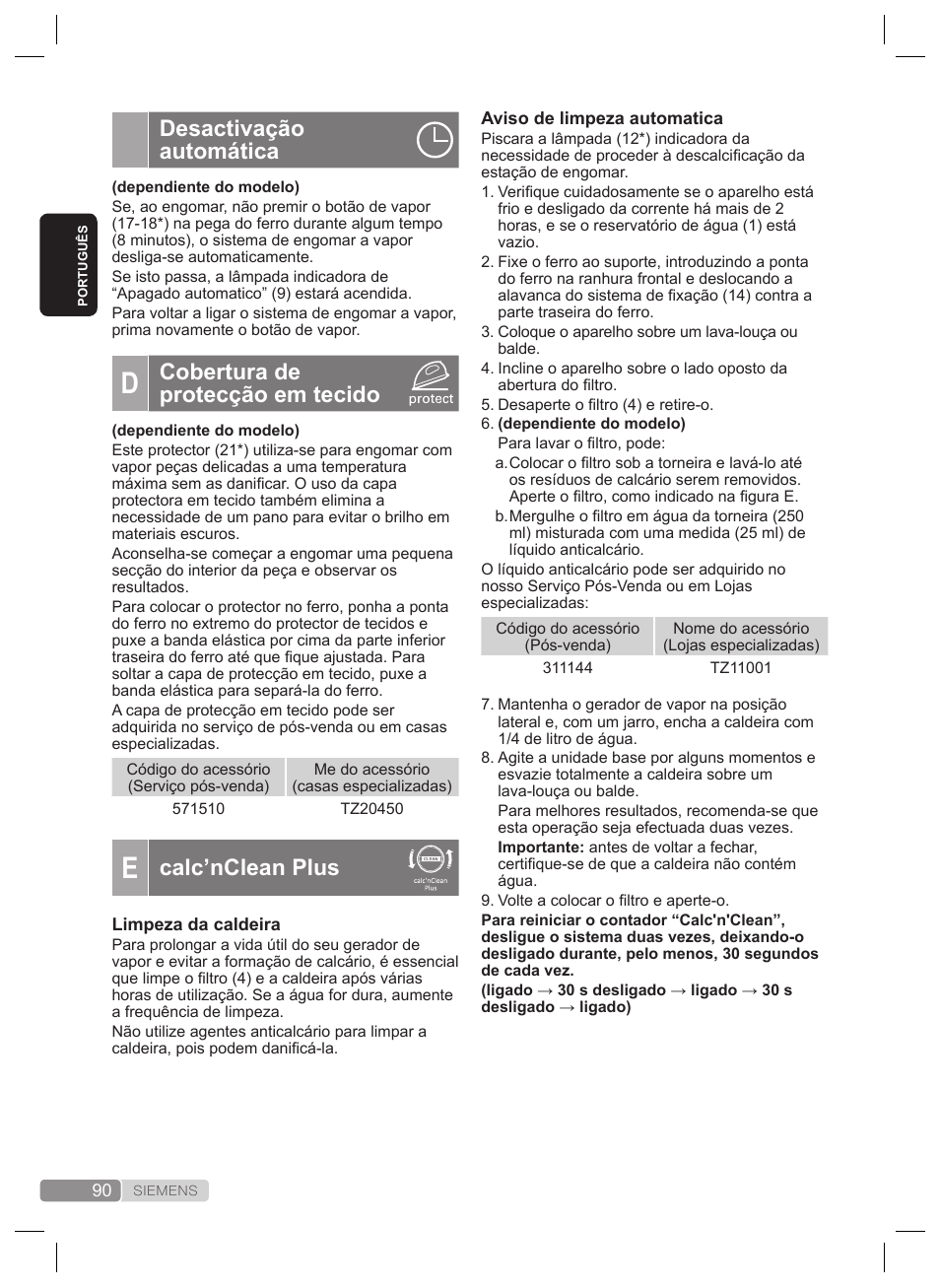 Desactivação automática, Cobertura de protecção em tecido, Calc’nclean plus | Siemens TS22XTRM User Manual | Page 90 / 160