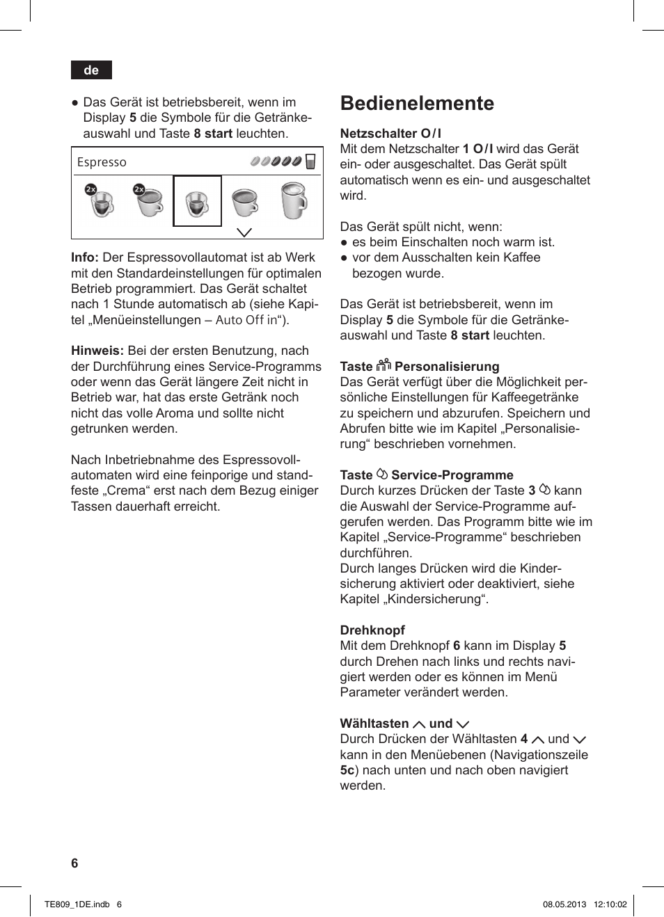 Bedienelemente | Siemens TE809501DE User Manual | Page 10 / 116