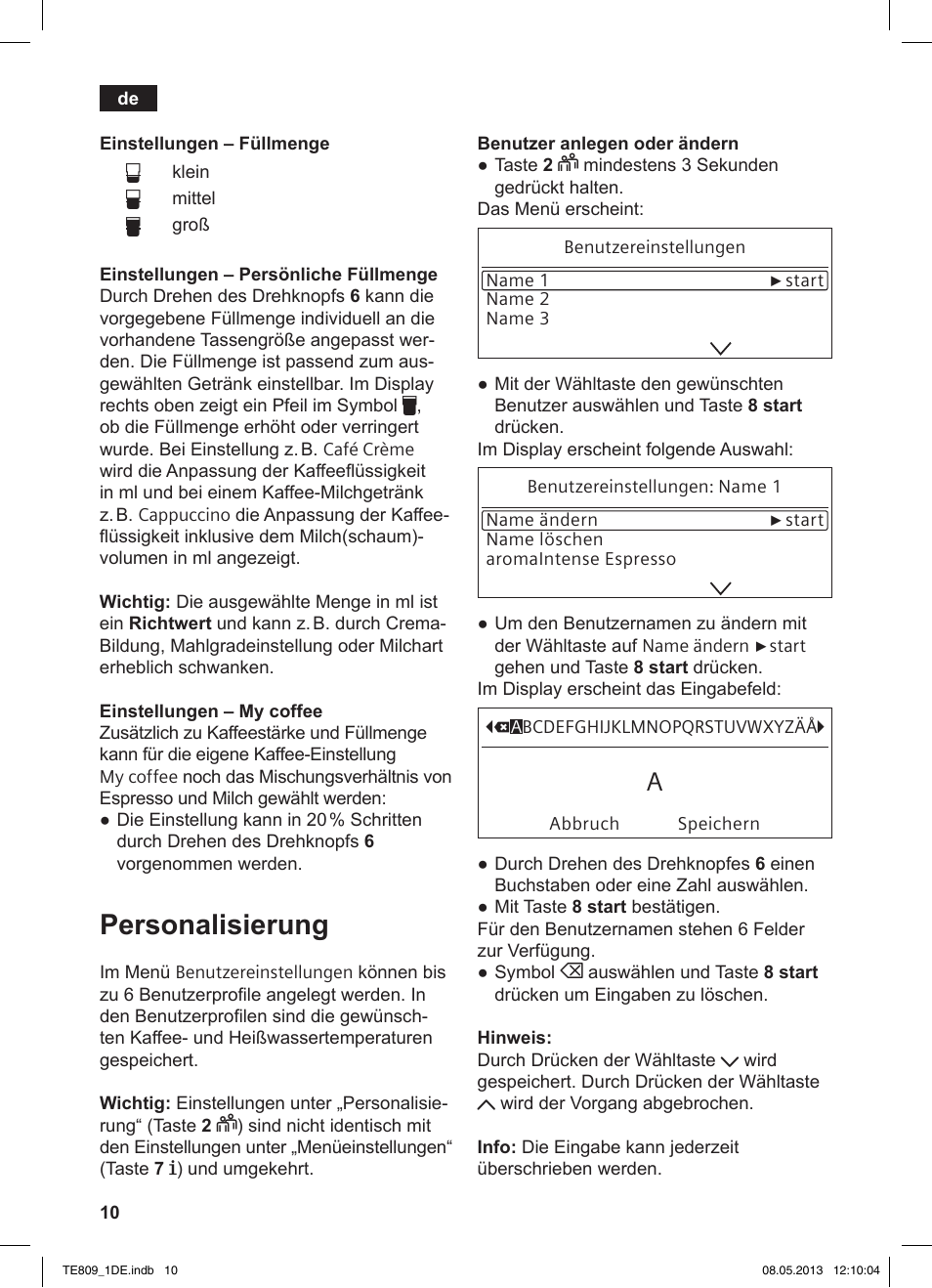 Personalisierung | Siemens TE809501DE User Manual | Page 14 / 116