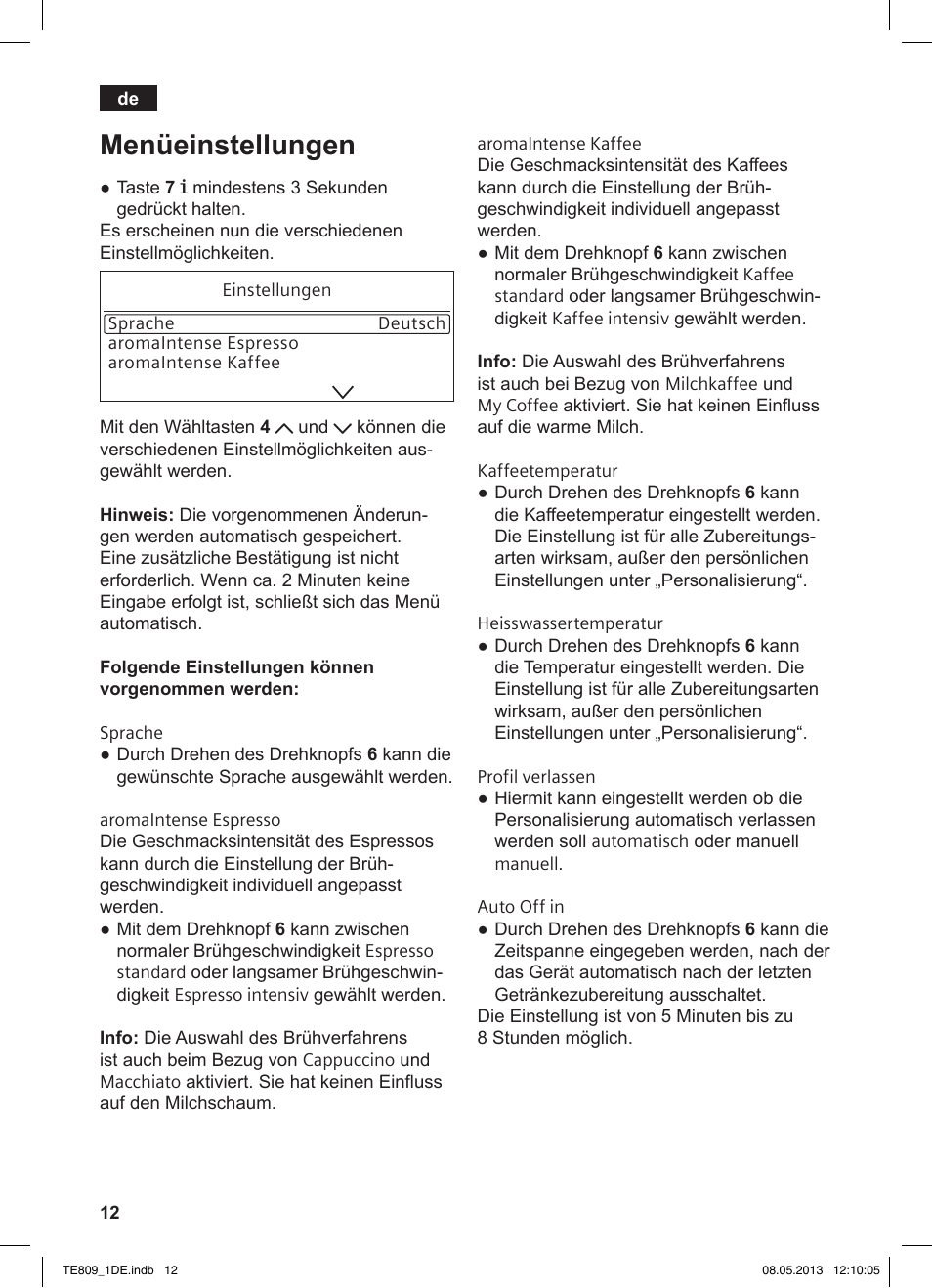 Menüeinstellungen | Siemens TE809501DE User Manual | Page 16 / 116