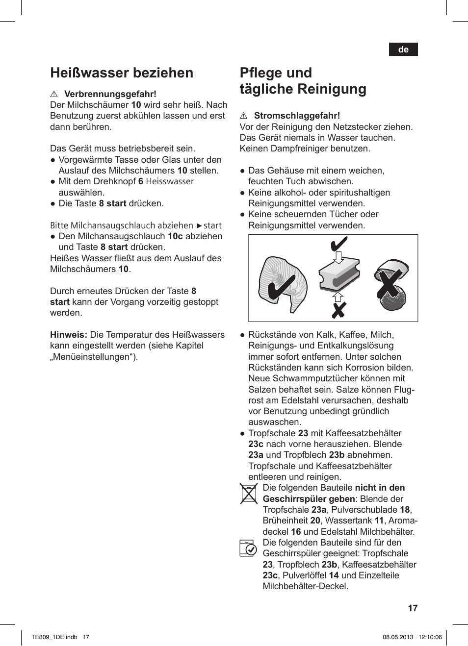 Heißwasser beziehen, Pﬂ ege und tägliche reinigung | Siemens TE809501DE User Manual | Page 21 / 116