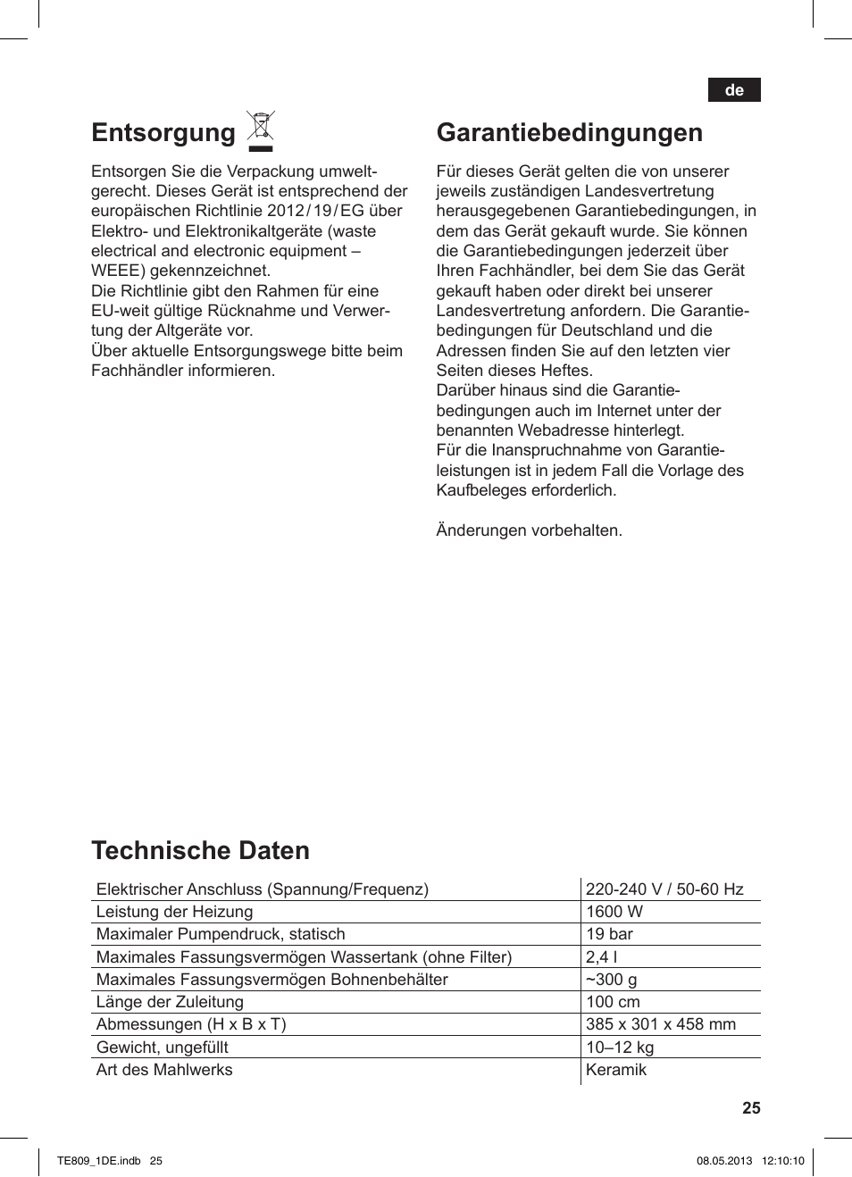 Entsorgung, Garantiebedingungen, Technische daten | Siemens TE809501DE User Manual | Page 29 / 116