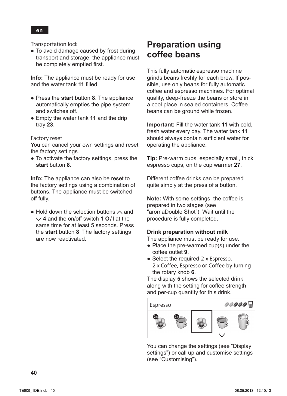 Preparation using coffee beans | Siemens TE809501DE User Manual | Page 44 / 116