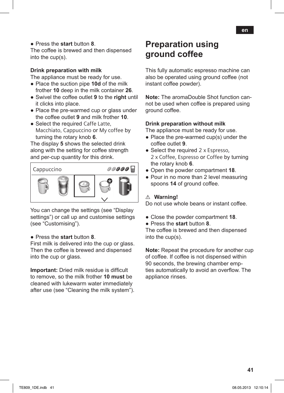 Preparation using ground coffee | Siemens TE809501DE User Manual | Page 45 / 116