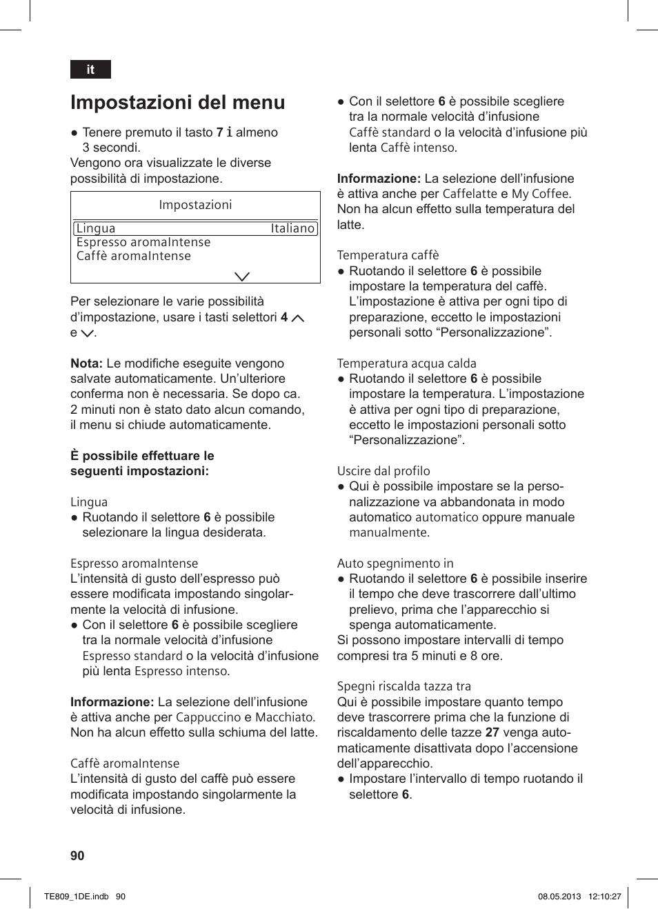 Impostazioni del menu | Siemens TE809501DE User Manual | Page 94 / 116