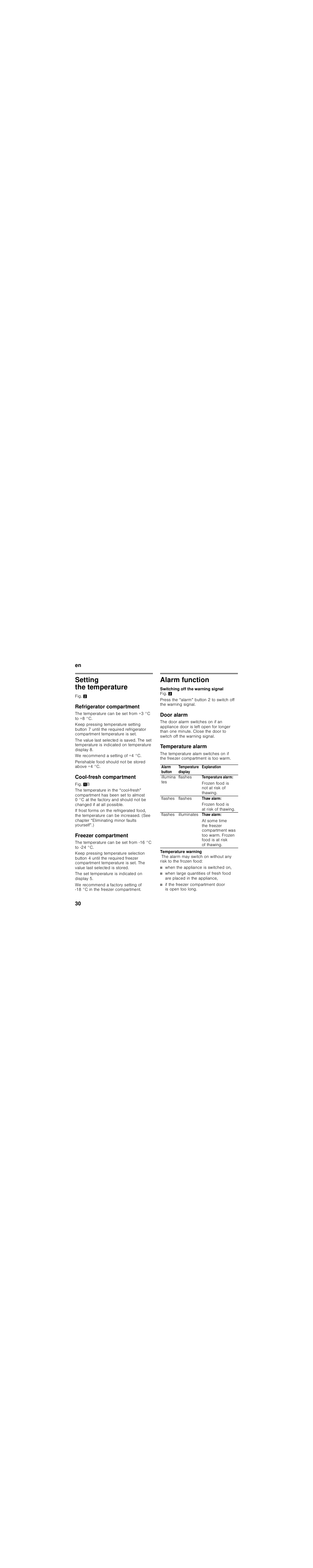 Setting the temperature, Refrigerator compartment, Cool-fresh compartment | Freezer compartment, Alarm function, Door alarm, Temperature alarm, When the appliance is switched on, If the freezer compartment door is open too long | Siemens KG39FSB30 User Manual | Page 30 / 111
