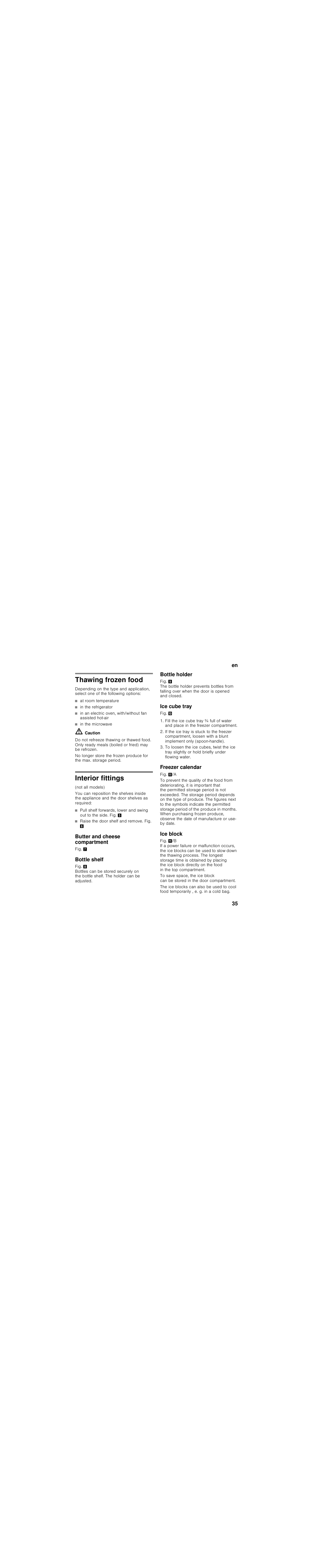 Thawing frozen food, At room temperature, In the refrigerator | In the microwave, Interior fittings, Raise the door shelf and remove. fig, Butter and cheese compartment, Bottle shelf, Bottle holder, Ice cube tray | Siemens KG39FSB30 User Manual | Page 35 / 111