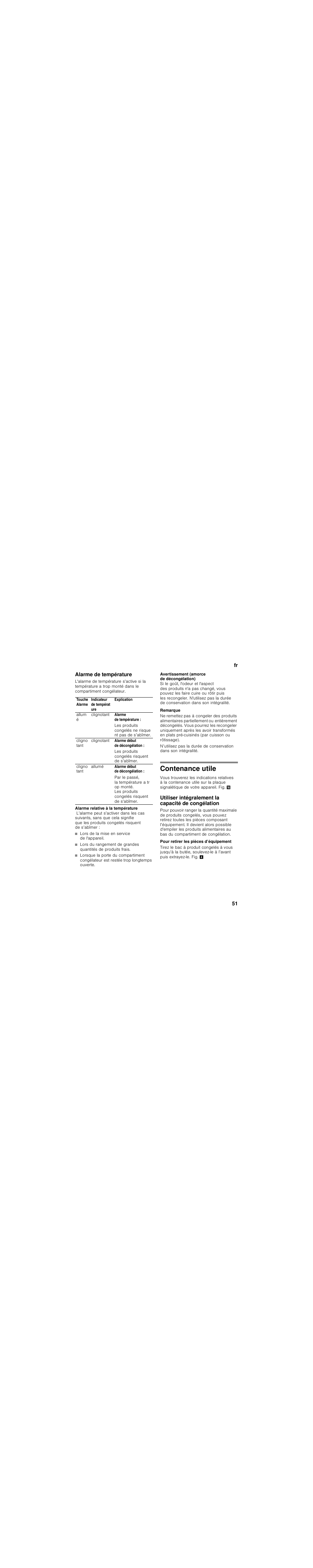 Alarme de température, Lors de la mise en service de l'appareil, Contenance utile | Utiliser intégralement la capacité de congélation, Pour retirer les pièces d’équipement | Siemens KG39FSB30 User Manual | Page 51 / 111