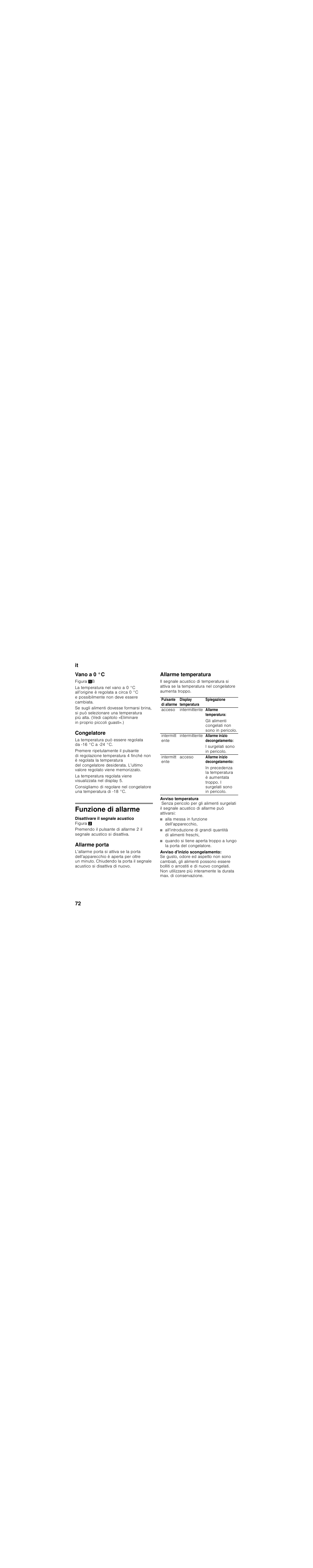 Vano a 0 °c, Congelatore, Funzione di allarme | Allarme porta, Allarme temperatura, Alla messa in funzione dell’apparecchio | Siemens KG39FSB30 User Manual | Page 72 / 111