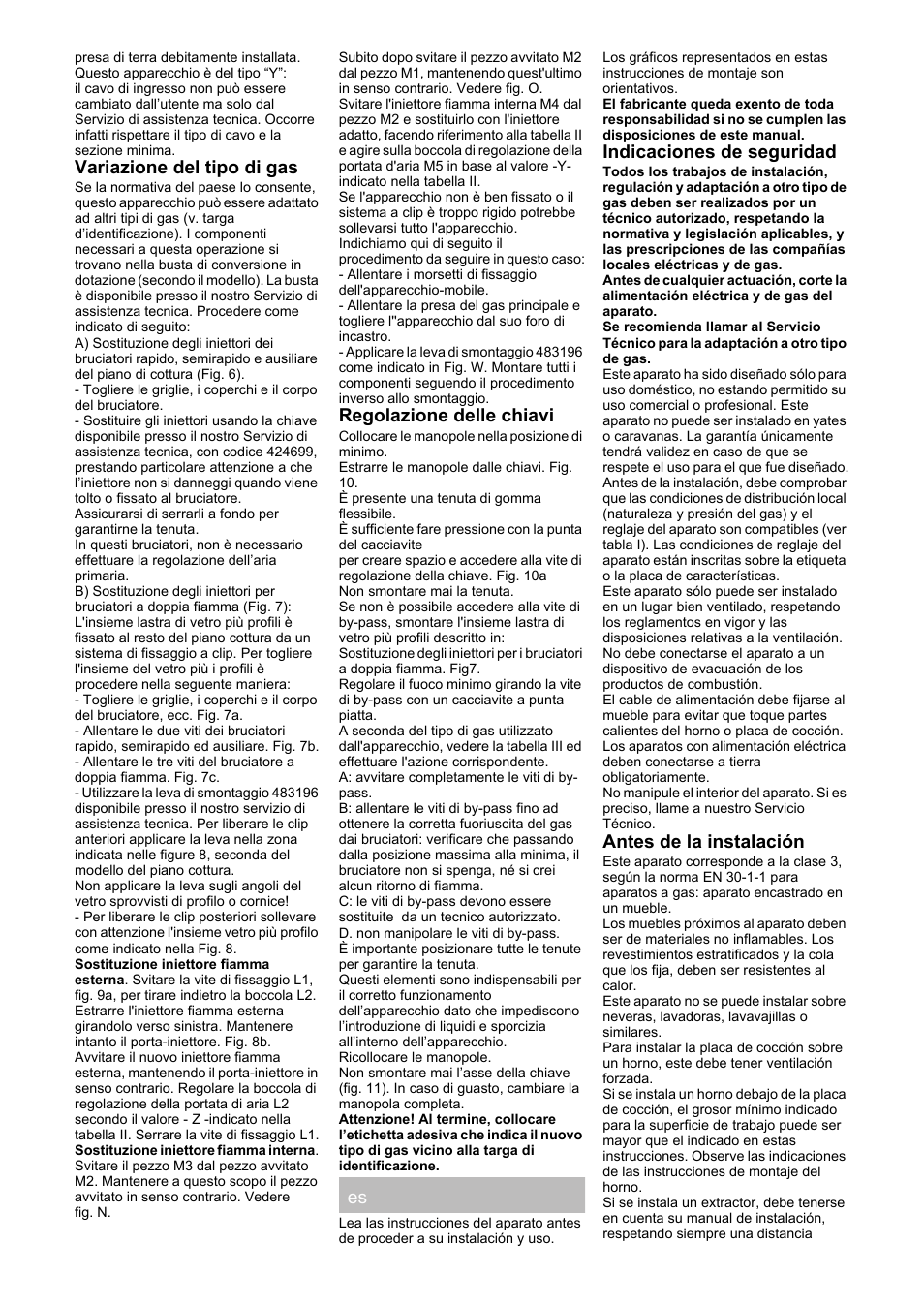 Variazione del tipo di gas, Regolazione delle chiavi, Indicaciones de seguridad | Antes de la instalación | Siemens ER626PB70D User Manual | Page 11 / 24