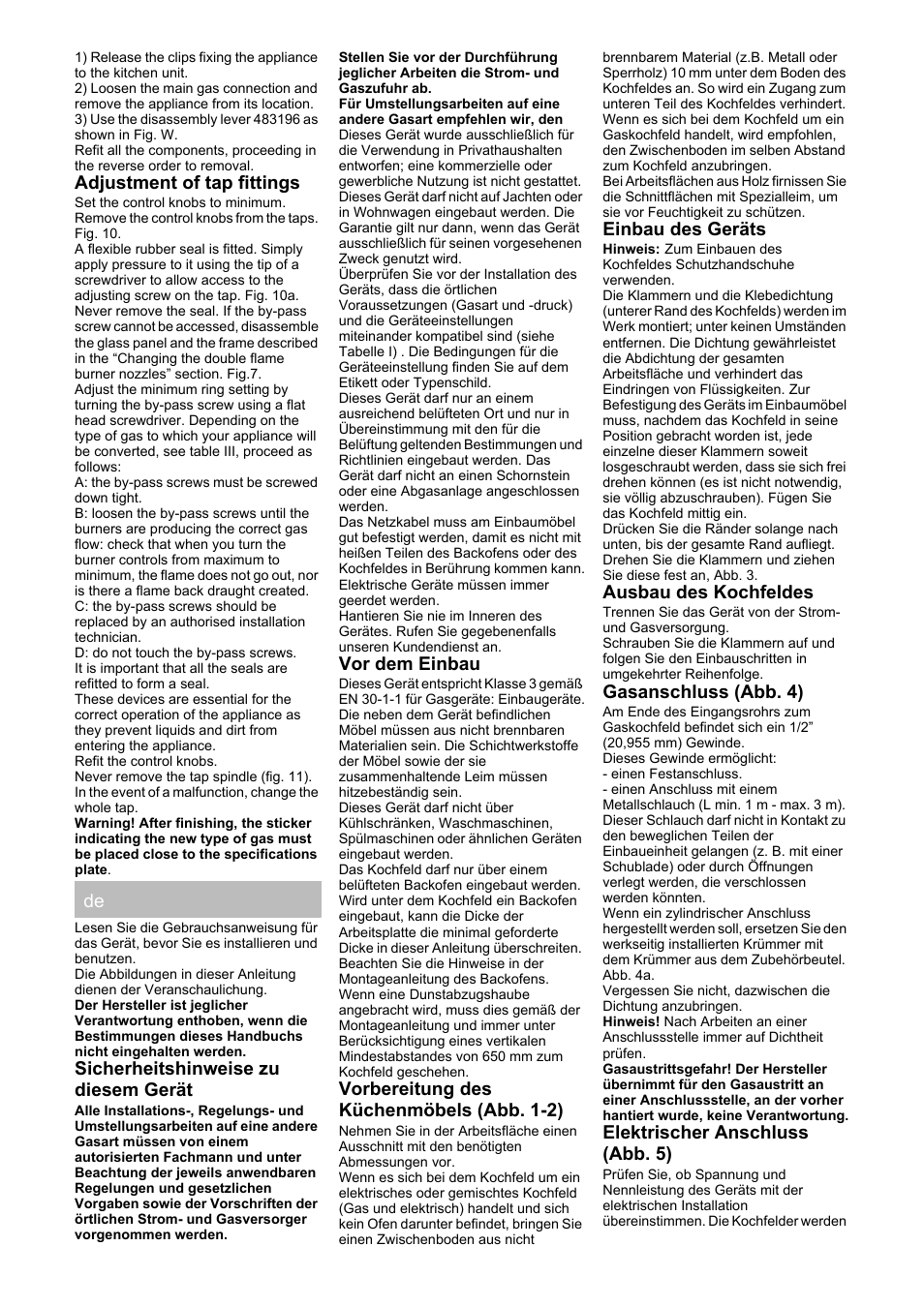 Adjustment of tap fittings, Sicherheitshinweise zu diesem gerät, Vor dem einbau | Vorbereitung des küchenmöbels (abb. 1-2), Einbau des geräts, Ausbau des kochfeldes, Gasanschluss (abb. 4), Elektrischer anschluss (abb. 5) | Siemens ER626PB70D User Manual | Page 7 / 24