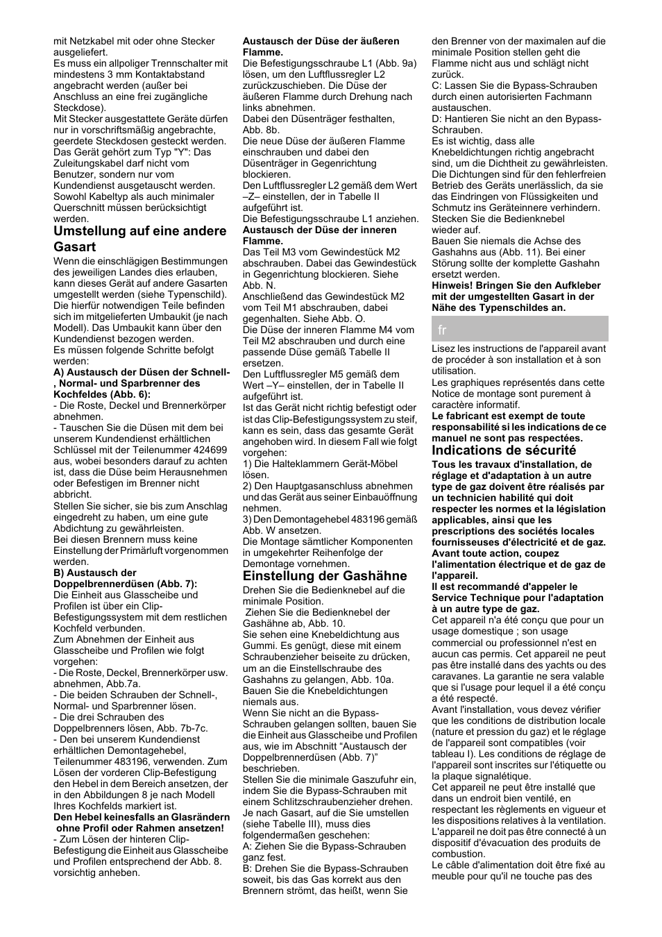 Umstellung auf eine andere gasart, Einstellung der gashähne, Indications de sécurité | Siemens ER626PB70D User Manual | Page 8 / 24