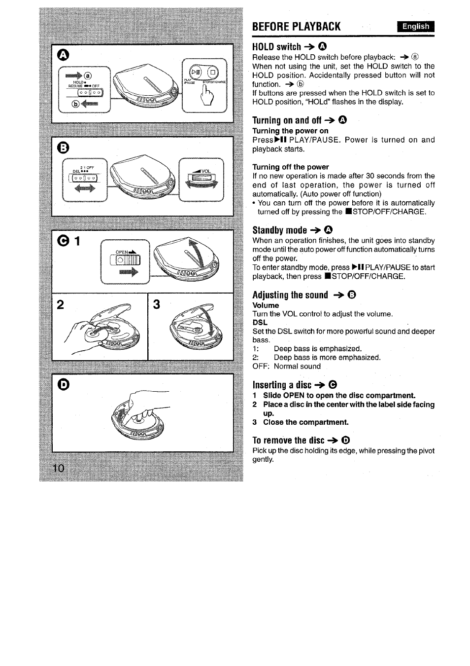 Hold switch -> o, Turning on and off ^ o, Turning off the power | Standby mode o, Adjusting the sound 0, Inserting a disc g, 1 slide open to open the disc compartment, 3 ciose the compartment, To remove the disc o, Before playback | Aiwa XP-R970 User Manual | Page 10 / 28