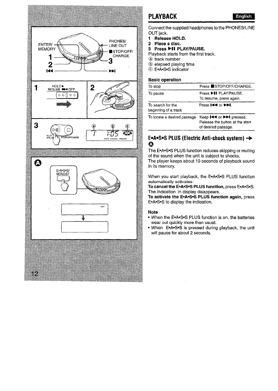 1 release hold, 2 place a disc, 3 press ►!! play/pause | Note, Playback, E*a*s*s plus (electric anti-shock system) | Aiwa XP-R970 User Manual | Page 12 / 28