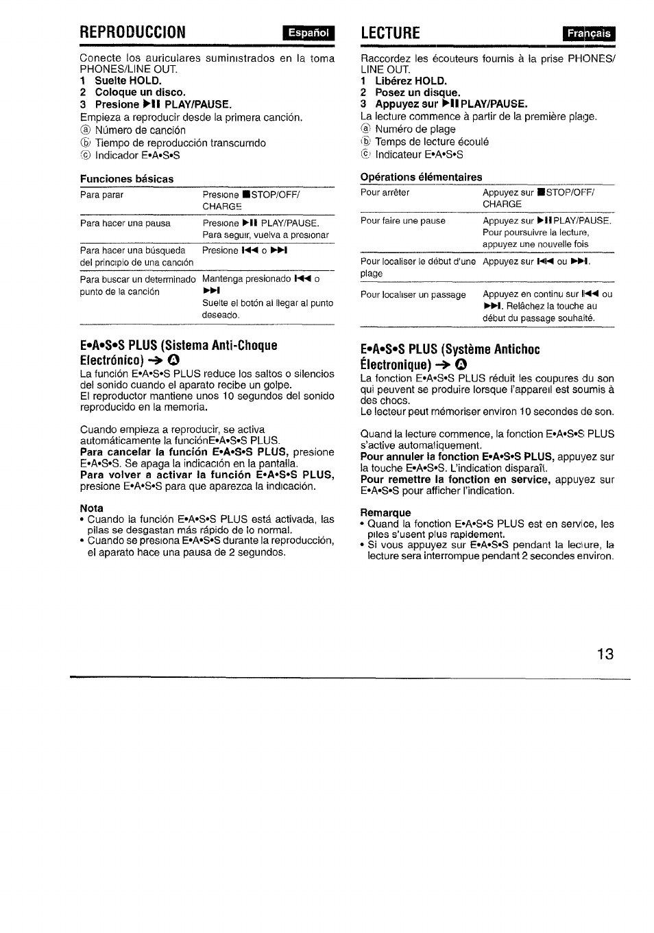 Reproduccion, Lecture, E*a»s*s plus (système antichoc électronique) -> o | E*a»s*s plus (système antichoc électronique) | Aiwa XP-R970 User Manual | Page 13 / 28