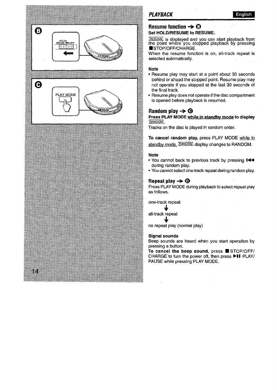 Note, Random play ->■ g, Signal sounds | Resume function, Random play, Playback | Aiwa XP-R970 User Manual | Page 14 / 28