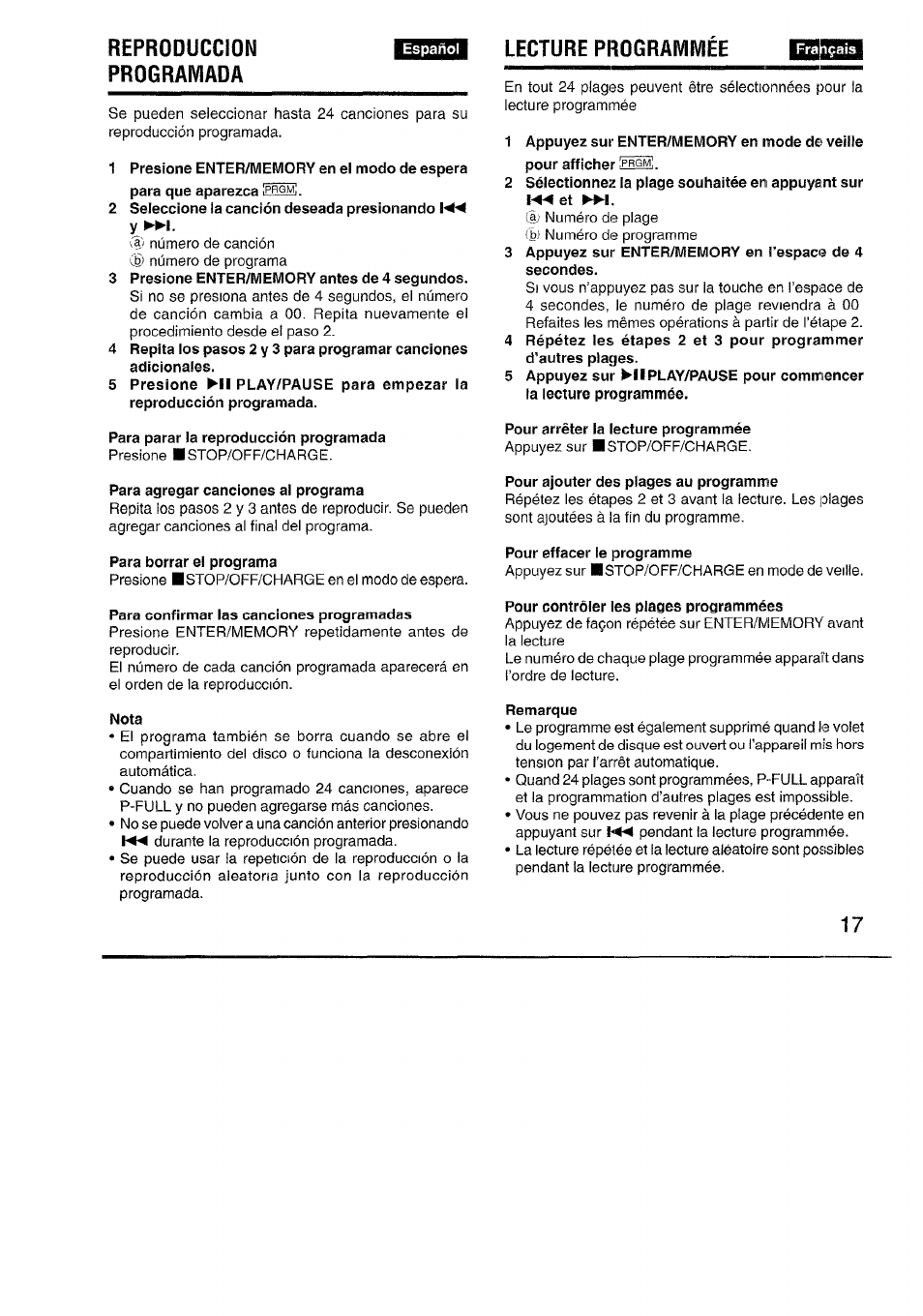 Reproduccion, Prograiviada, Lecture programmée | Et w, Reproduccion prograiviada | Aiwa XP-R970 User Manual | Page 17 / 28