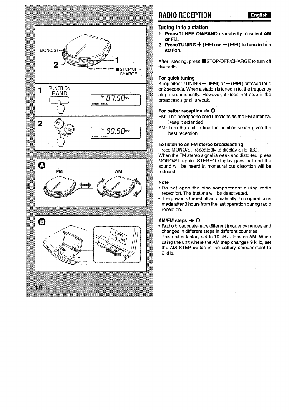 Radio reception, Tuning in to a station, For quick tuning | For better reception, Note, Am/fm steps | Aiwa XP-R970 User Manual | Page 18 / 28