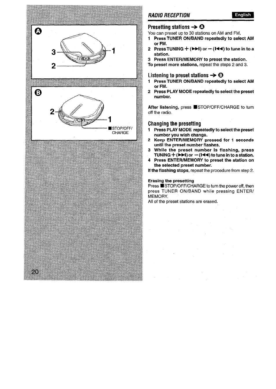 Presetting stations -> o, Listening to preset stations, Changing the presetting | Radio reception | Aiwa XP-R970 User Manual | Page 20 / 28