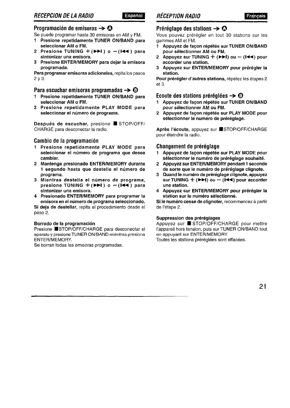 Programación de emisoras o, Para escuchar emisoras programadas -> o, Cambio de la programación | Préréglage des stations o, Ecoute des stations préréglées, Changement de préréglage, Préréglage des stations, Recepcion de la radio, Reception radio | Aiwa XP-R970 User Manual | Page 21 / 28