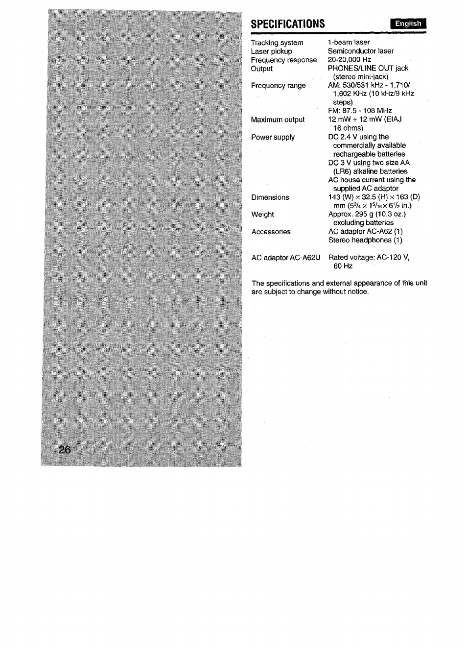 Specifications | Aiwa XP-R970 User Manual | Page 26 / 28
