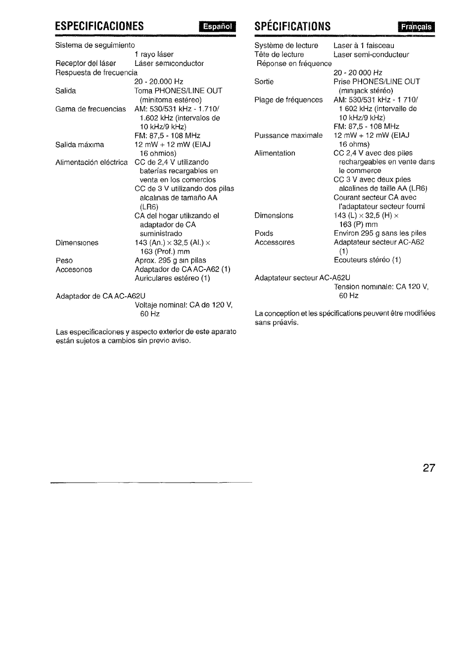 Especificaciones, Español, Spécifications | Français | Aiwa XP-R970 User Manual | Page 27 / 28