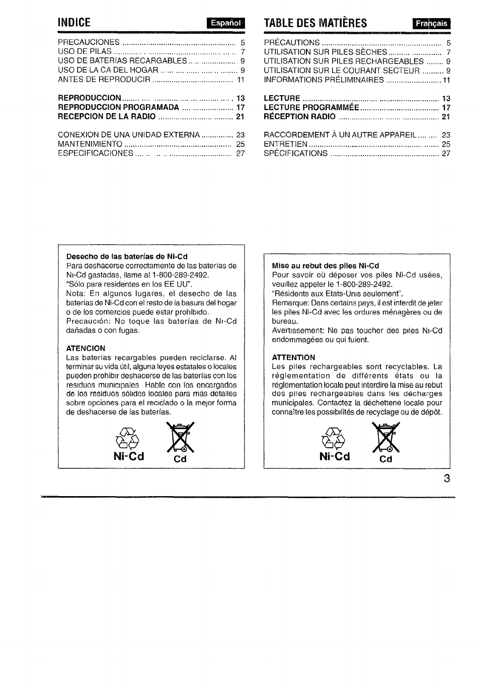 Ni-cd, Nl-cd, Indice | Table des matieres | Aiwa XP-R970 User Manual | Page 3 / 28