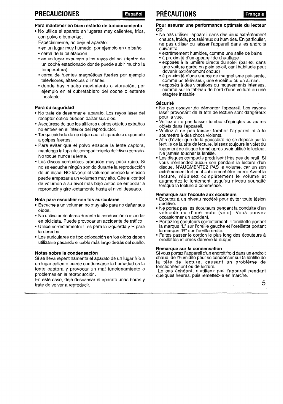 Para mantener en buen estado de funcionamiento, Para su seguridad, Nota para escuchar con los auriculares | Notas sobre la condensación, Sécurité, Remarque sur l’écoute aux écouteurs, Remarque sur la condensation, Precauciones, Precautions | Aiwa XP-R970 User Manual | Page 5 / 28