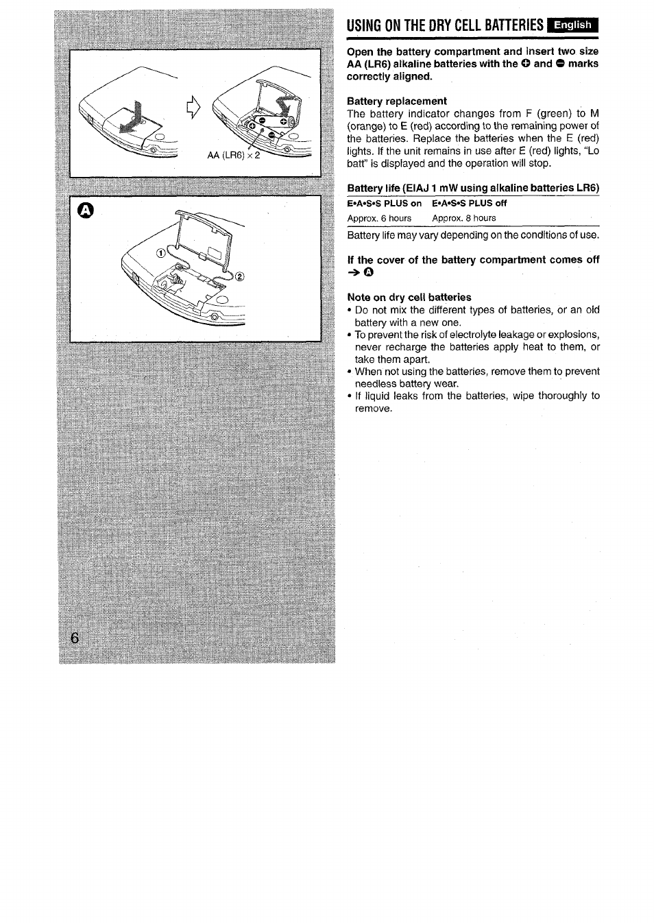 Using on the dry cell batteries, Battery repiacement, Note on dry cell batteries | Using on dry cell batteries | Aiwa XP-R970 User Manual | Page 6 / 28