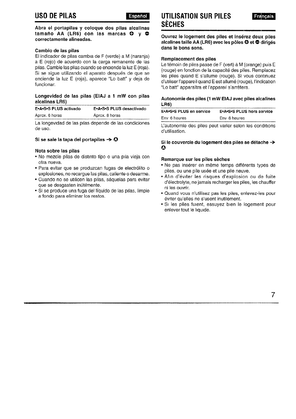 Cambio de las pilas, Utilisation sur piles sèches, Remplacement des piles | Remarque sur les piles sèches, De pilas | Aiwa XP-R970 User Manual | Page 7 / 28