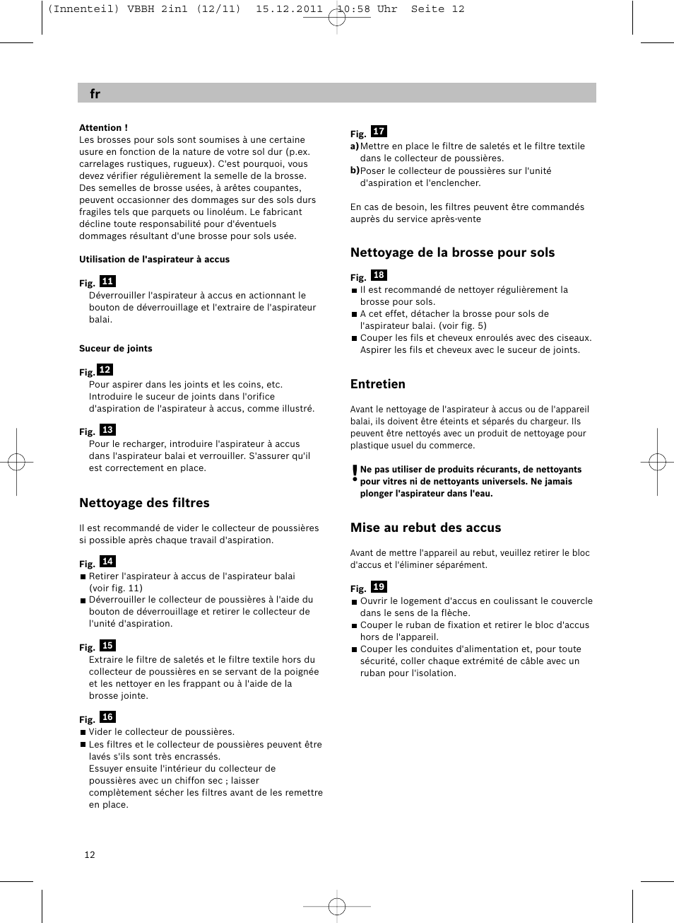 Nettoyage des filtres, Nettoyage de la brosse pour sols, Entretien | Mise au rebut des accus | Siemens VBH14401 User Manual | Page 14 / 82