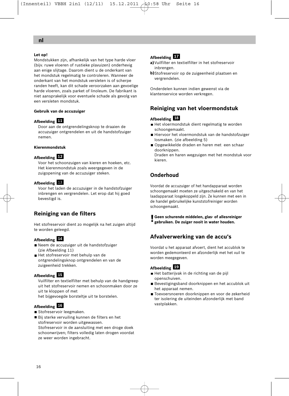 Reiniging van de filters, Reiniging van het vloermondstuk, Onderhoud | Afvalverwerking van de accu's | Siemens VBH14401 User Manual | Page 18 / 82