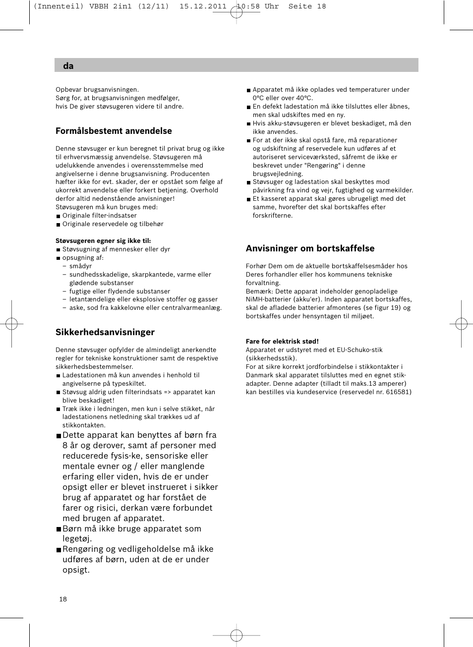 Formålsbestemt anvendelse, Sikkerhedsanvisninger, Anvisninger om bortskaffelse | Siemens VBH14401 User Manual | Page 20 / 82