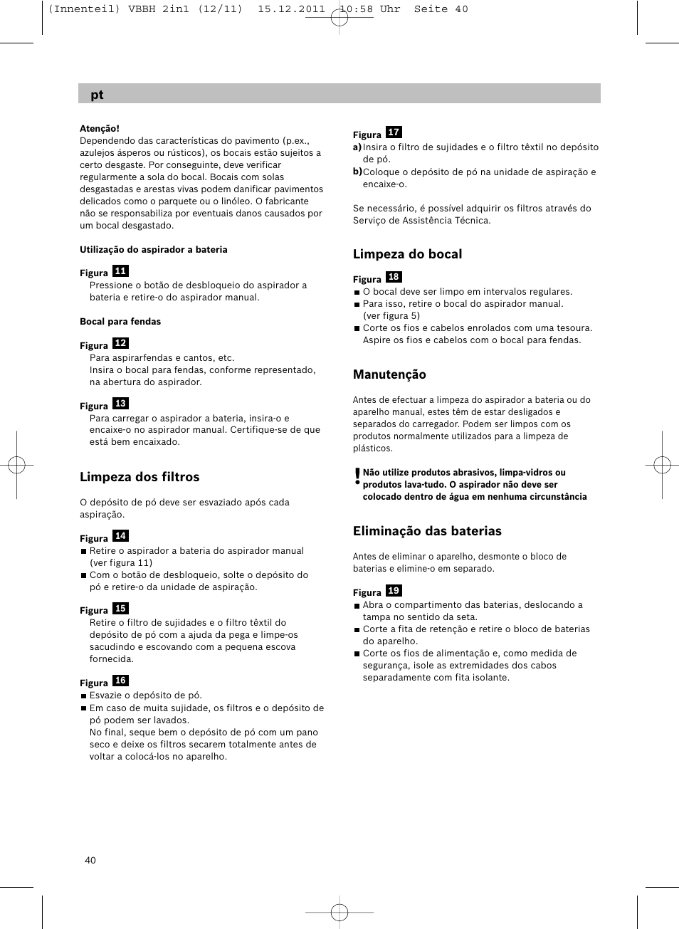 Limpeza dos filtros, Limpeza do bocal, Manutenção | Eliminação das baterias | Siemens VBH14401 User Manual | Page 42 / 82