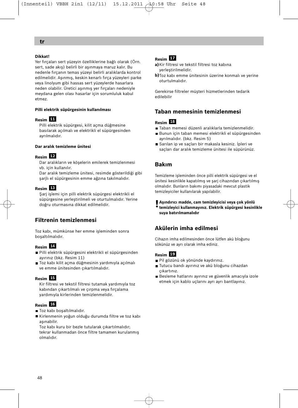 Filtrenin temizlenmesi, Taban memesinin temizlenmesi, Bakım | Akülerin imha edilmesi | Siemens VBH14401 User Manual | Page 50 / 82