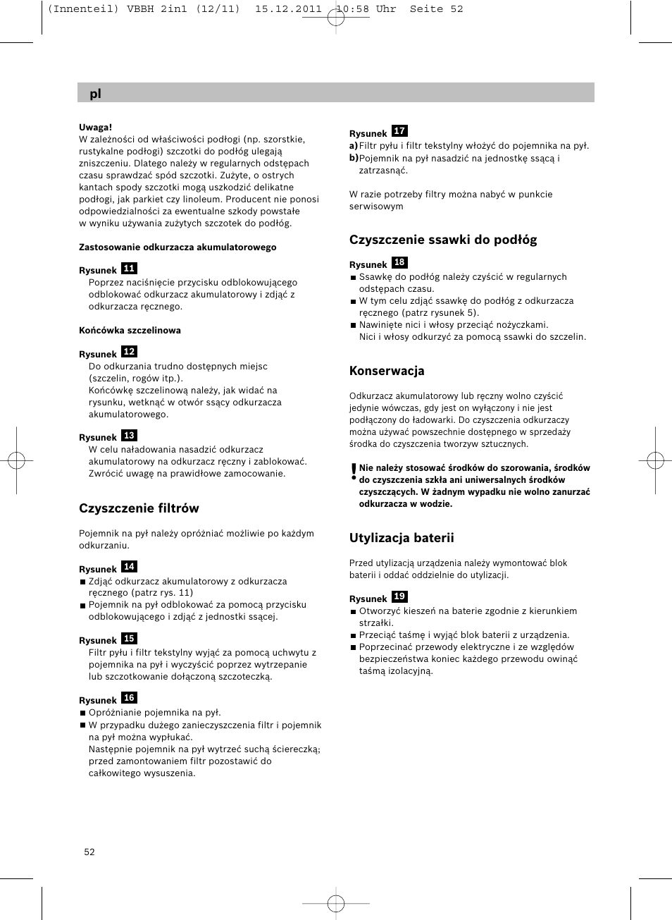 Czyszczenie filtrów, Czyszczenie ssawki do podłóg, Konserwacja | Utylizacja baterii | Siemens VBH14401 User Manual | Page 54 / 82