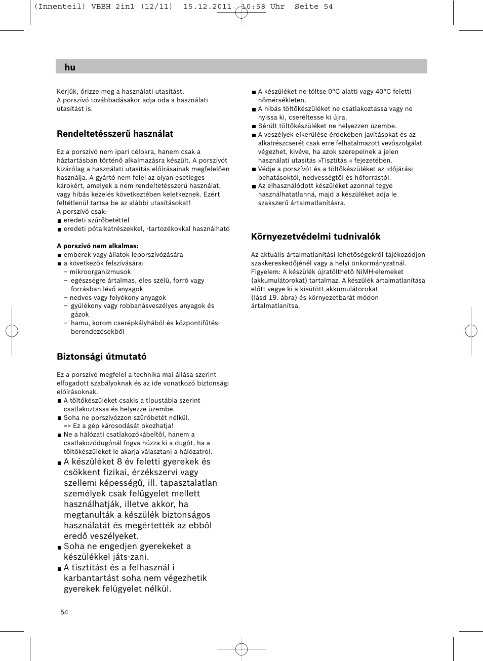 Rendeltetésszerű használat, Biztonsági útmutató, Környezetvédelmi tudnivalók | Siemens VBH14401 User Manual | Page 56 / 82