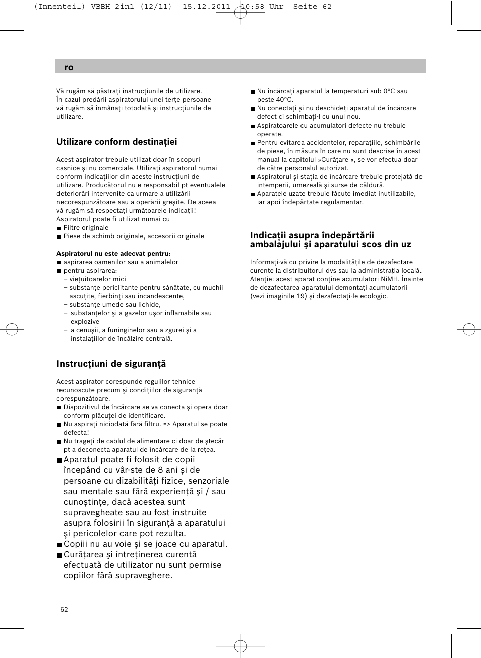 Utilizare conform destinaţiei, Instrucţiuni de siguranţă | Siemens VBH14401 User Manual | Page 64 / 82