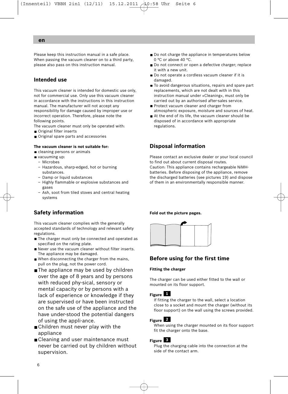 Intended use, Safety information, Disposal information | Before using for the first time | Siemens VBH14401 User Manual | Page 8 / 82