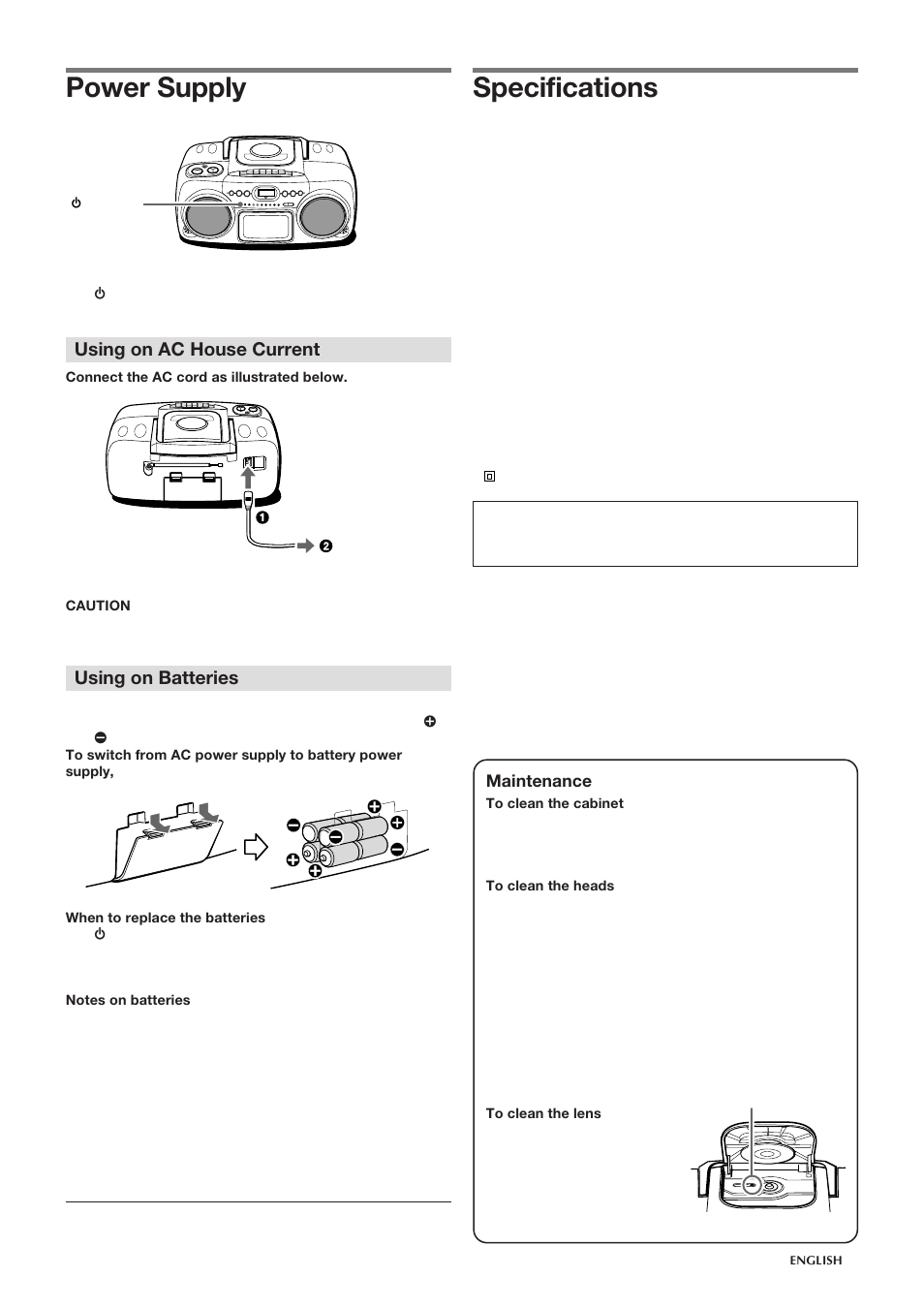 Power supply, Specifications, Using on ac house current | Using on batteries | Aiwa CSD-TD20 User Manual | Page 4 / 8