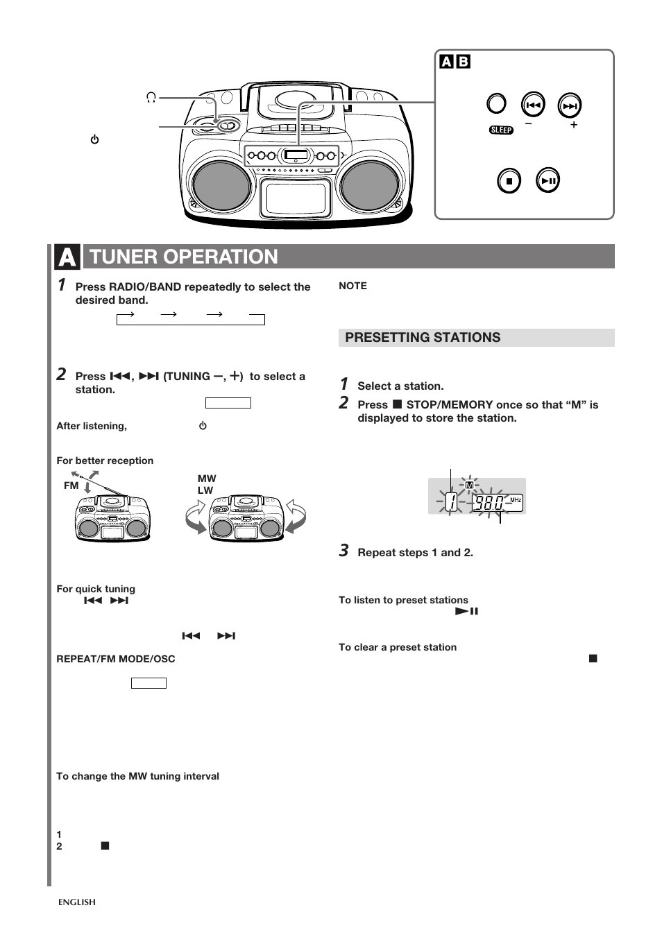 Tuner operation, Presetting stations | Aiwa CSD-TD20 User Manual | Page 5 / 8