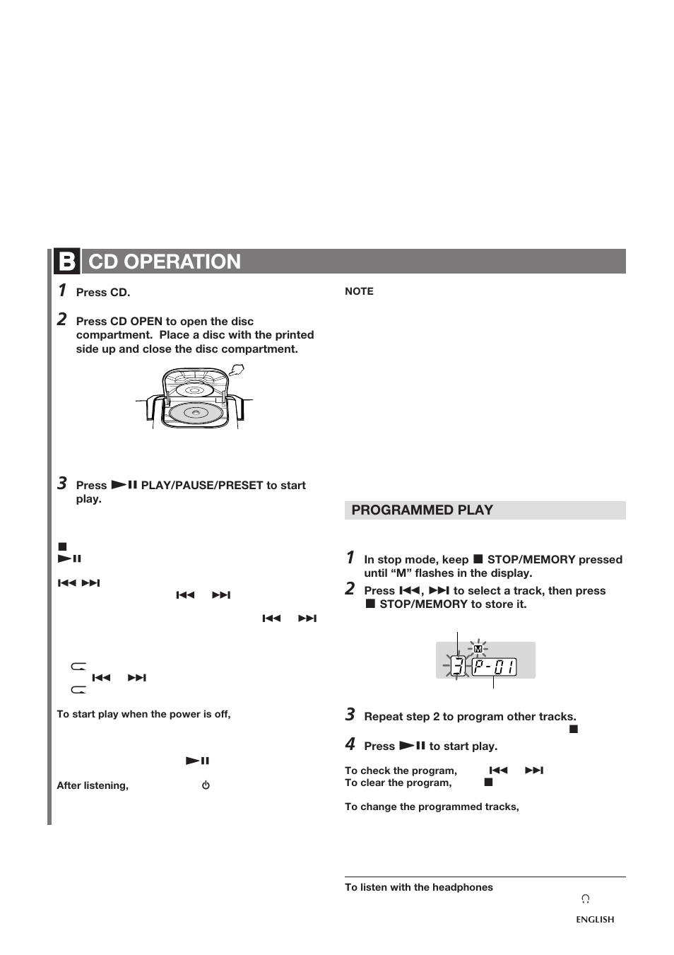 Cd operation, Programmed play | Aiwa CSD-TD20 User Manual | Page 6 / 8