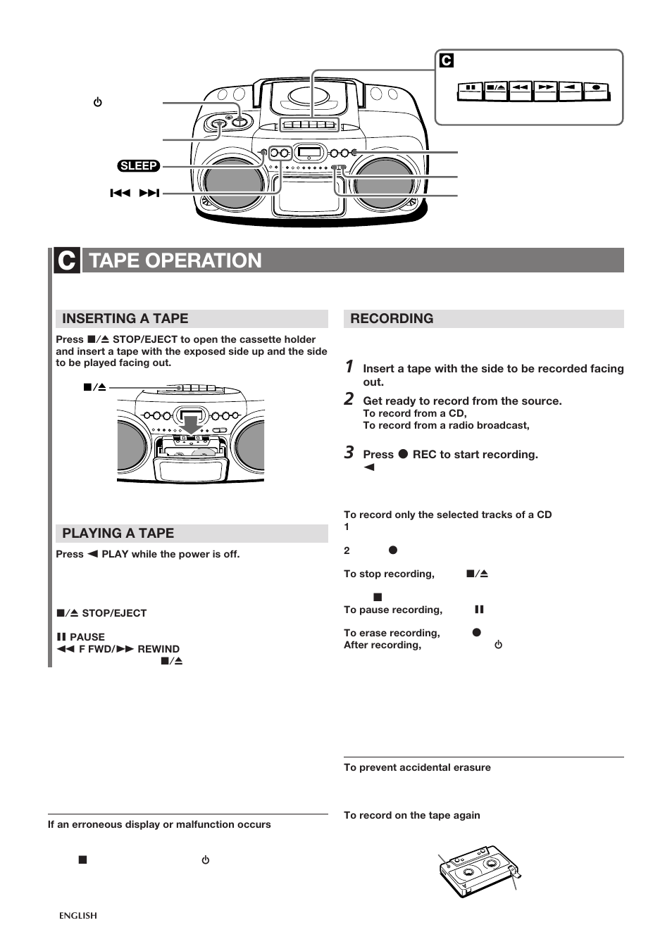 Tape operation, Inserting a tape, Playing a tape | Recording | Aiwa CSD-TD20 User Manual | Page 7 / 8